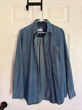 Men's Striped Blue Denim Shirt Jacket - Lightweight Layer